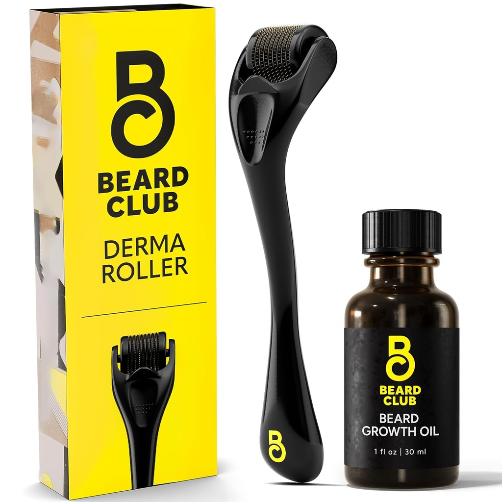 The Beard Club Derma Roller & Beard vekstolje for ansikt, kropp og Scalp Microneedling Roller for menn og kvinner med 540 Titan Microneedles - Beard Roller for hår og skjegg