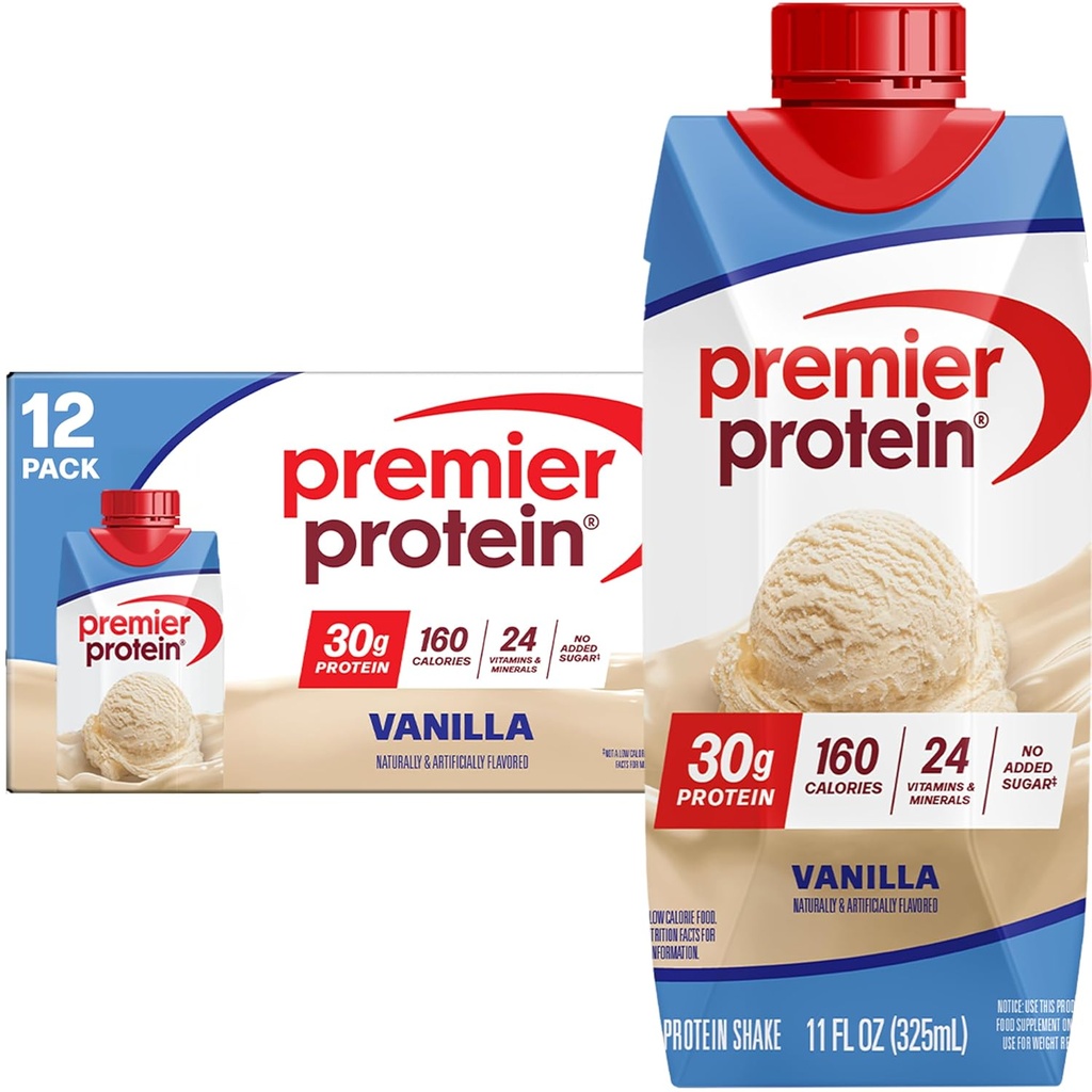 Premier Protein Shake, Vanilla, 30g Protein, 11 fl oz, Pakke med 12 (Packing May Vary)