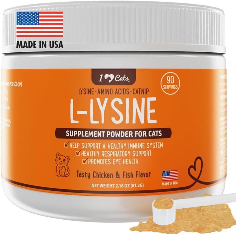 iHeartCats L-Lysine for katter - immun- og respirasjonstilskudd for katter - Katt Sneezing & Runny Nese Relief - L-Lysine pulver med Cat Nip - Kylling & Salmon Flavor