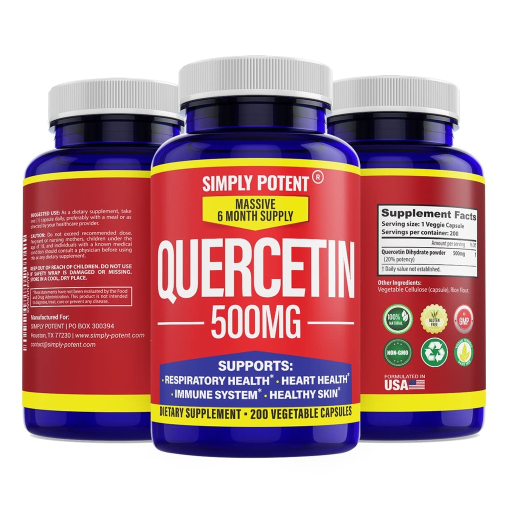 Bare Potent Quercetin Supplements, Quercetin 500mg 200 kapsler, 2 X Quercetin 250mg Phytosom Bioflavonoid Antioksidant Vegansk Glutenfri piller for å støtte sunn cellulære hjerte og immunfunksjoner