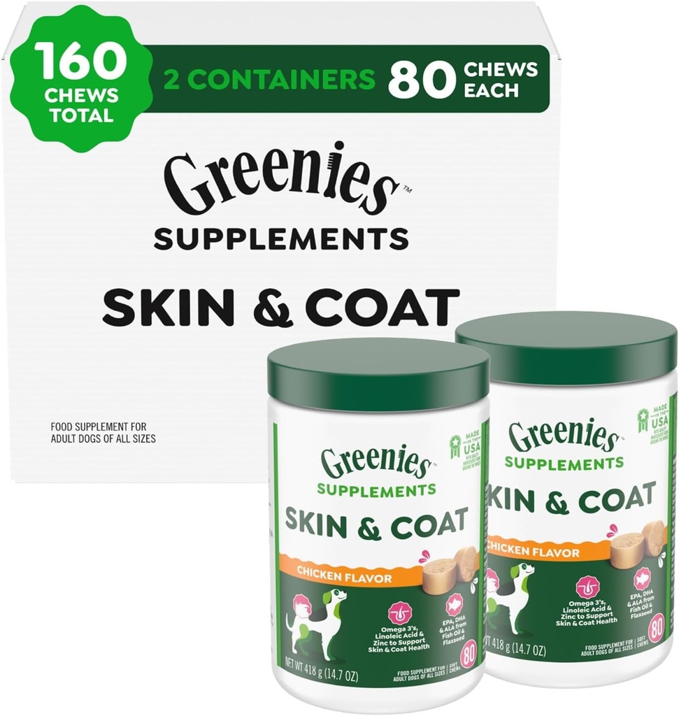 Grønnsaker Kosttilskudd Hund Hud og Coat Kosttilskudd med fiskeolje og omega 3 fettsyrer, kylling flavor, 80-talls tub, pakke med 2