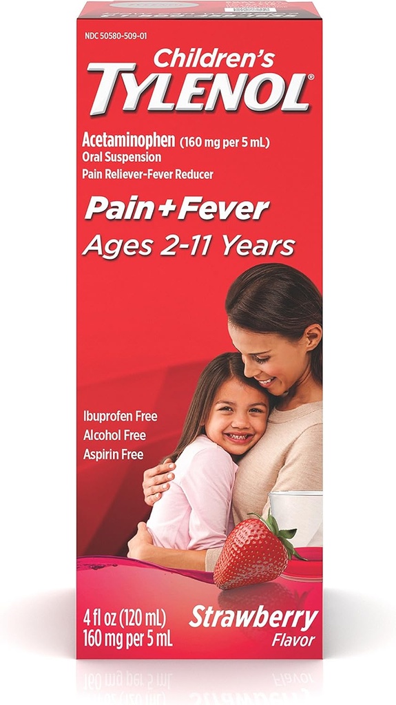 Barns Tylenol oral suspensjon medisin, Kids 'væske medisin smertestille & feber reduserer for kaldt + influensa symptomer, aspirin-, ibuprofen- & alkohol-fri, jordbær, 4 fl oz