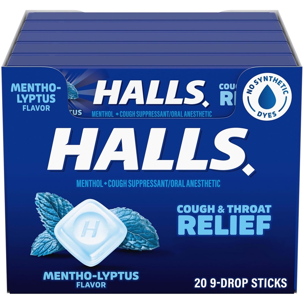 HALLS Cough og Throat Relief Mentho-Lyptus Cough dråper, 20 pinner på 9 (180 totalt dråper)