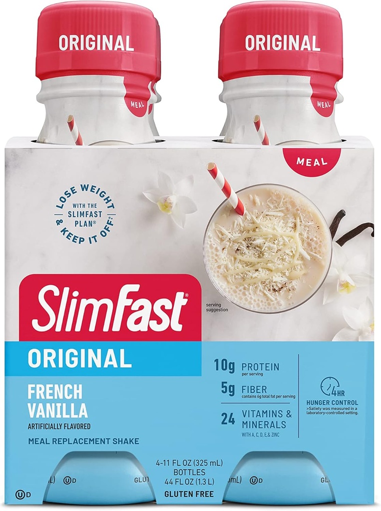 SlimFast-måltid erstatningshake, Original fransk vanilla, 10g klar til å drikke protein for vekttap, 11 Fl. Oz-flaske, 4 greve (pakke May Vary)