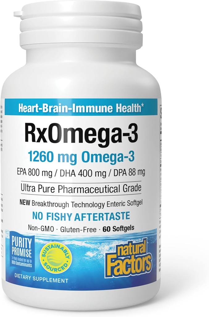 Naturlige faktorer RxOmega-3, naturlig støtte for hjerte helse med DHA og EPA, daglig kosttilskudd, 60 Softgels
