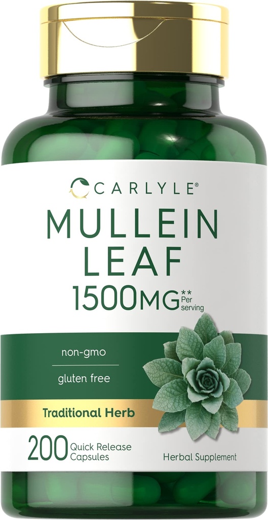 Carlyle Mullein Leaf Ekstract 1500mg | 200 kapsler | Verbascum Thapsus | Ikke-GMO, Glutenfri Supplement