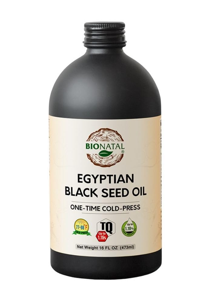 BioNatal Egyptisk Black Seed Oil - Cold Pressed Nigella Sativa Produserende Black Cumin Seed Oil, uraffinert og ikke-filtrert, høy TQ opp til 1,15% - støtter immunsystem, dialyse & ledd 16oz Glass