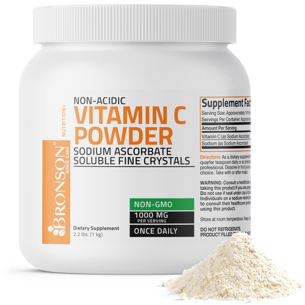Bronson Non Acidic Vitamin C pulver Natrium Askorbat Ikke GMO løselige fine krystaller - Sunn Immune System, Antioksidant og cellebeskyttelse, 1 Kilogram (2,2 lbs, 35,3 ounces)