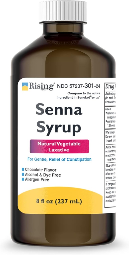 Rising Health Natural Vegetability Laxative - Senna Sennosider Syrup 8,8 mg/5ml - Accelerasjon Relief - Sjokolade Flavor - Sammenlignet med Senokot® Syrup