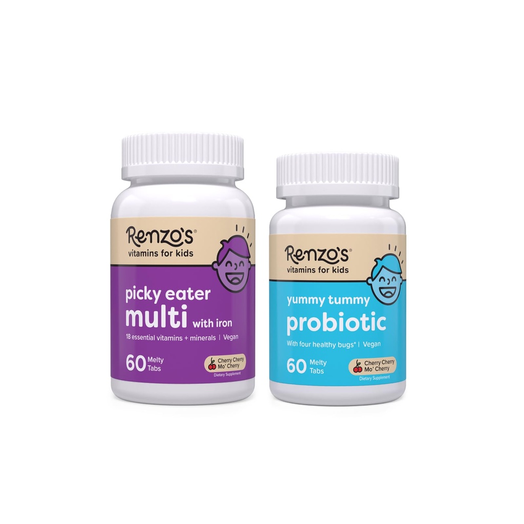 Renzos vitaminer Happy Tummies Bundle, probiotika for barn og picky Eater Kids Multivitamin