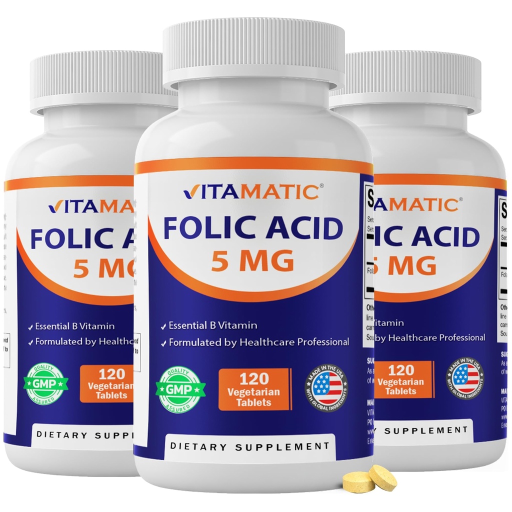 Vitamatic Folic Acid 5mg (5000mg) – 120 Vegetariske tabletter per flaske – Vitamin B9 (Folat) – 3-paknings | Totalt 360 tabletter