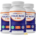 Vitamatic Folic Acid 5mg (5000mg) – 120 Vegetariske tabletter per flaske – Vitamin B9 (Folat) – 3-paknings | Totalt 360 tabletter