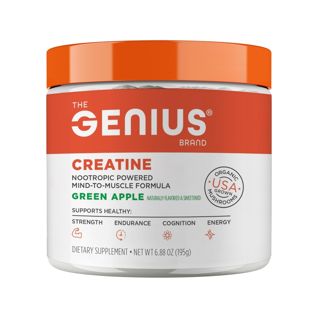 Genius Mikronisert Kreatin Monohydrat pulver, Post Trening Supplement, Grønn Apple - 100% naturlig flavored & søtet - støtter muskelbygging, cellulær energi og kognitiv funksjon - 195g