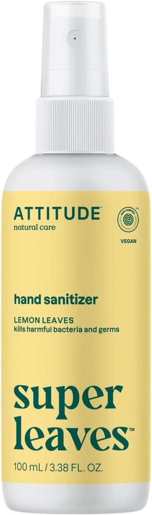 ATTITUDE hånd sanitator Spray, EWG Verifisert, dreper Germs & Bakterier, Vegan & Plant-basert, trygt for voksne og barn, sitronblader Sent, 3,38 Fl Oz (sprayflaske)