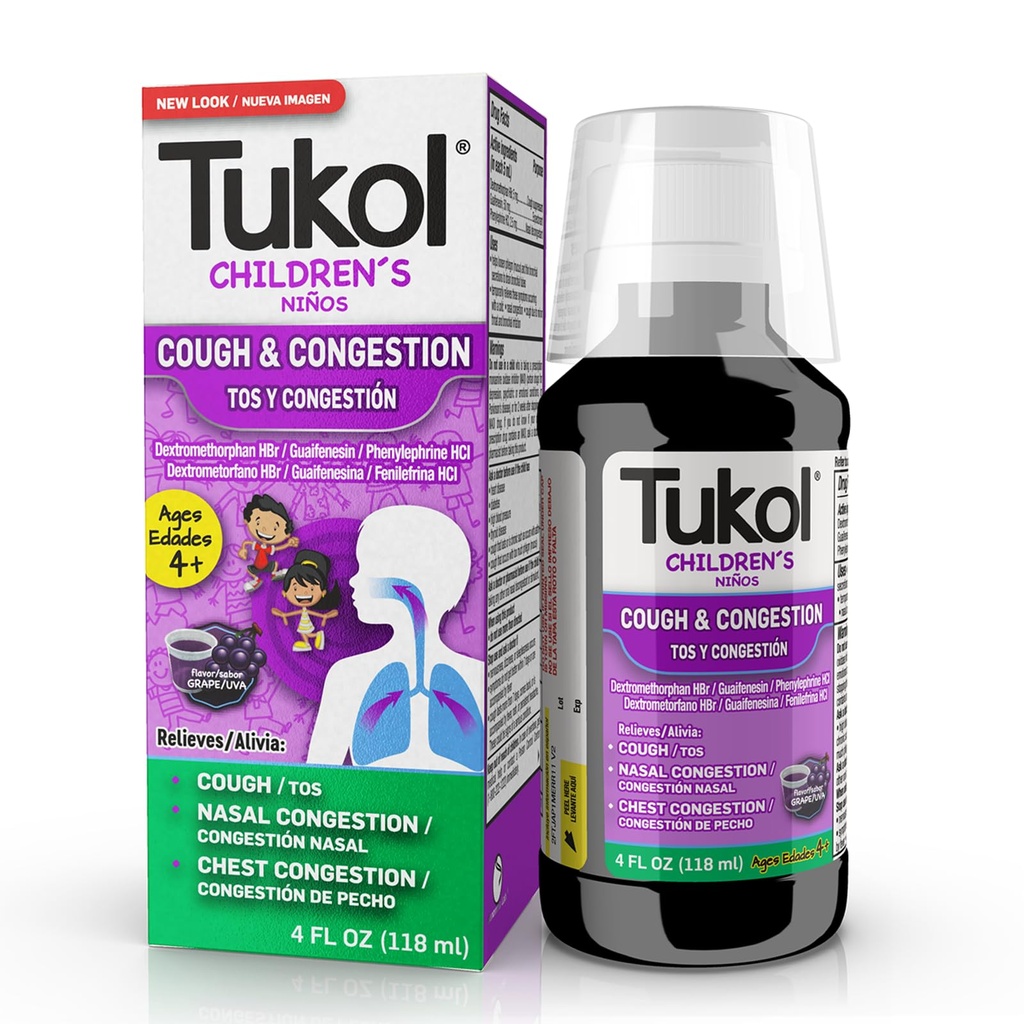 TUKOLs barneskjærmedisin - Cough & Congestion Relief, Chestal Cough Suppressant for barn, Barns kalde og cough medisin, Kids Cough Syrup for alderen 4+ Grape Flavor 4 FL OZ