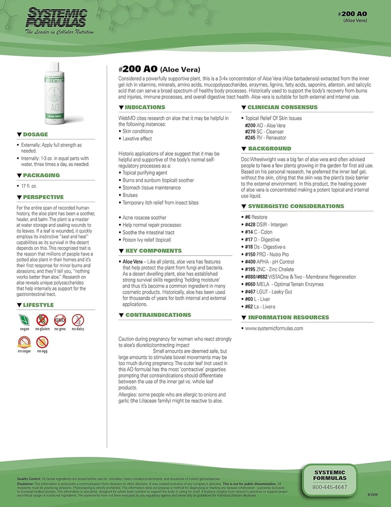 Systemiske formler AO – Aloe Vera 16 Fl Oz BioExtract #200. 3-4x Konsentrasjon av Aloe Vera Extract fra Indre Gel Rich. for intern og ekstern bruk.