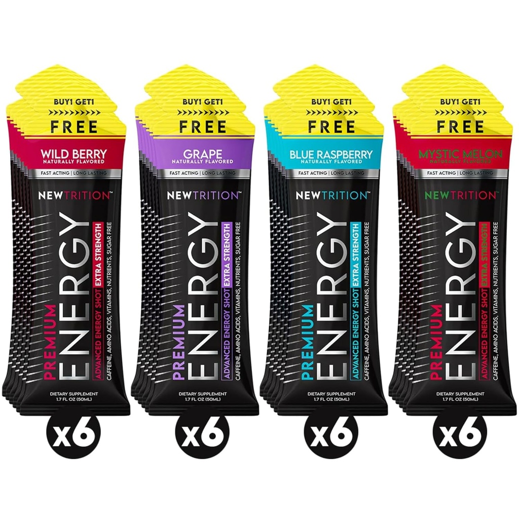 NewTrition® Extra Styrke Energi Shots 1,7 fl oz (Pack på 24, 4 Flavors) - 250 mg Koffein med B vitaminer og aminosyrer, sukkerfri null kalorie vitamin energi drikke for fokus og utholdenhet (Mixed-1)