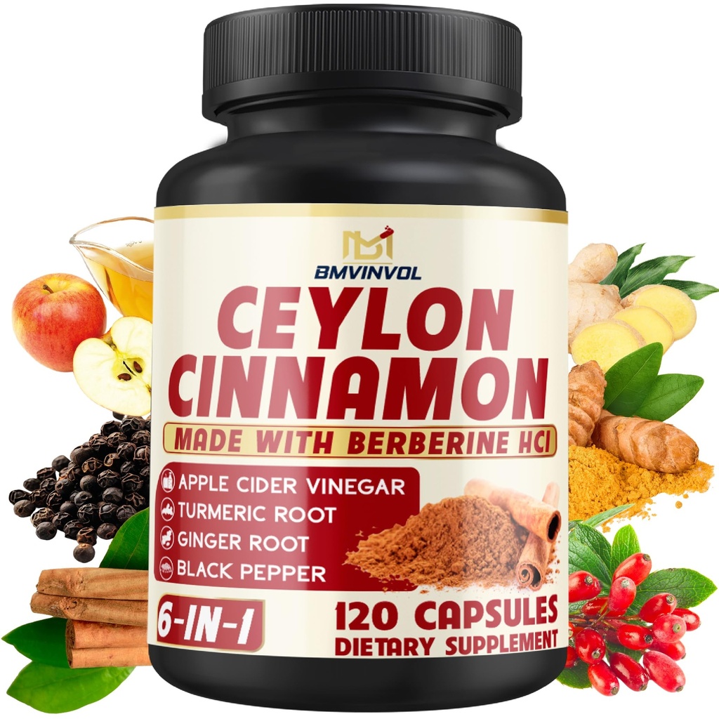 Ceylon Cinnamon Capsules med Berberine HCl, Apple Cider Vinegar, Turmeric, Ginseng, Black Pepper - 6in1 for støtte immunfunksjon - 120 greve