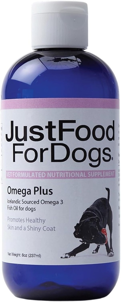 JustFoodForDogs Omega Plus Premium Fish Oil for hunder Omega 3 Supplement, flytende, 8 oz