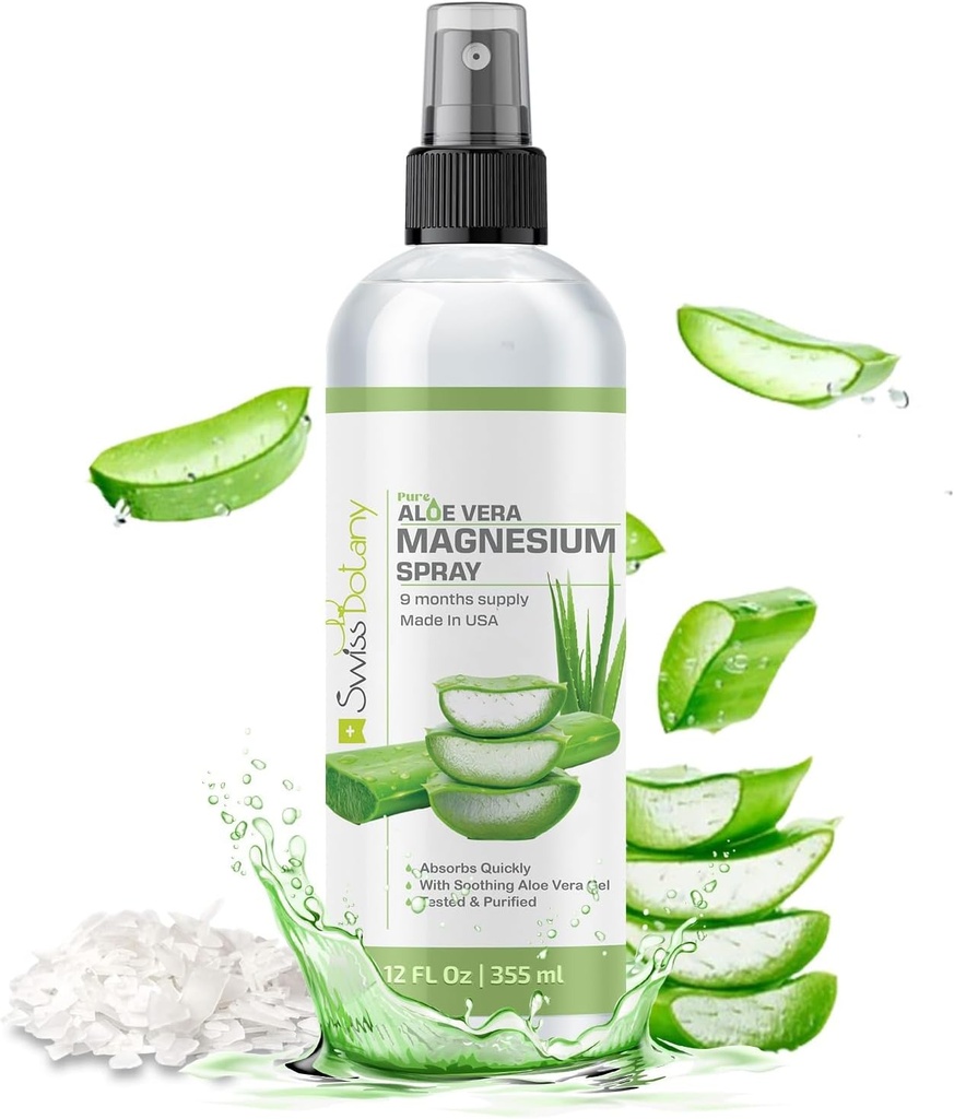 Topisk Magnesium Spray med Aloe Vera - ren magnesiumolje Spray for stress Relief - USP Grade Aloe Vera Magnesium Spray for søvn - 12 Fl Oz