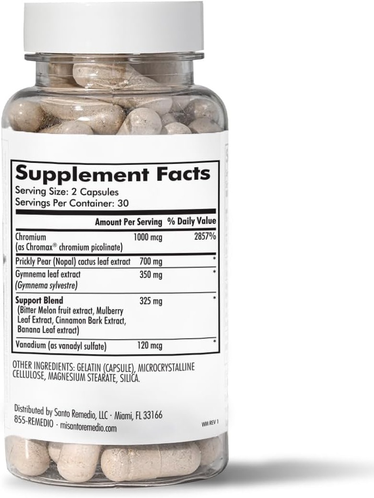 Santo Remedios eksklusive formel med Nopal, Krom Picolinat (Chromax), Gurmar (Gymnema Silvestre) og Vanadyl Sulfate. 60 Kapsler (30 serveringer)