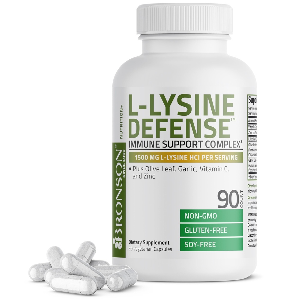 Bronson L-Lysine Defense Immune Support Complex 1500 MG L-Lysine Plus Olive Leaf, Vitamin C og sink - Ikke-GMO, 90 vegetariske kapsler