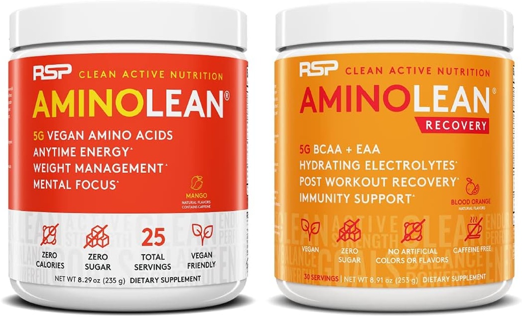 RSP NUTRITION Vegansk AminoLean Pre Workout Energi (Mango 25 Services) med AminoLean Recovery Post Trening Boost (Blod Orange 30 Services)