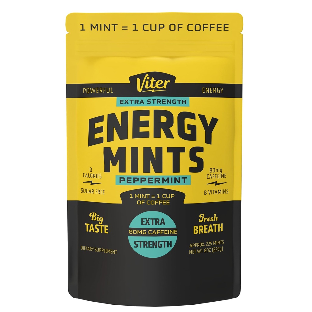 Viter energi ekstra styrke koffeinerte mynter 80 mg koffein, B vitaminer, sukker gratis. (Peppermint, 8oz, bulk pose)