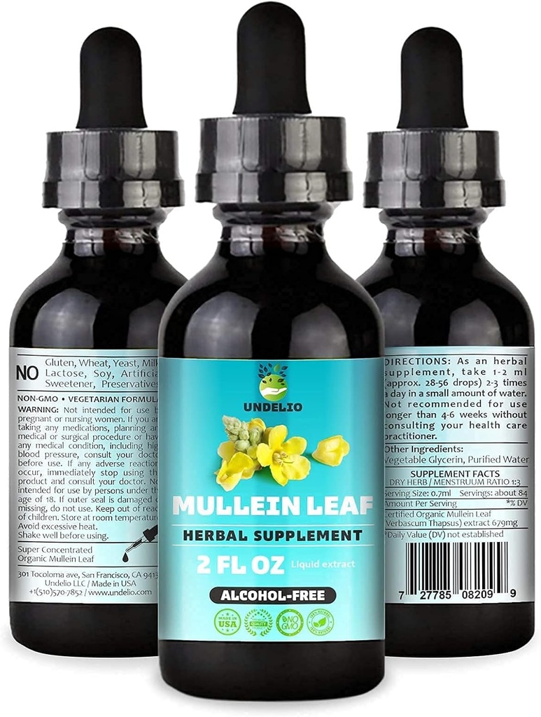 Undelio's Herbal Mullein Leaf Extract - Økologisk & alkoholfri tinktur for andning, lunge, søvn og digestiv støtte - Ikke-GMO, Vegan - 2 fl. Oz for immun helse & Lung Detox