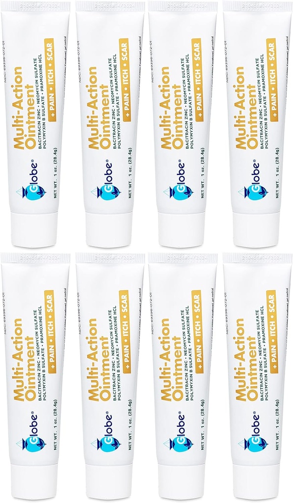 Globe Multi-Action Ointment | Antibiotisk Smertereduserende, Anti-Itch, & Scar Minimizer | Førstehjelp Ointment med neomycin, Bacitracin, Pramoxin HCl & Polymyxin B® behandler mindre kutt, Scrapes & Burns (8)