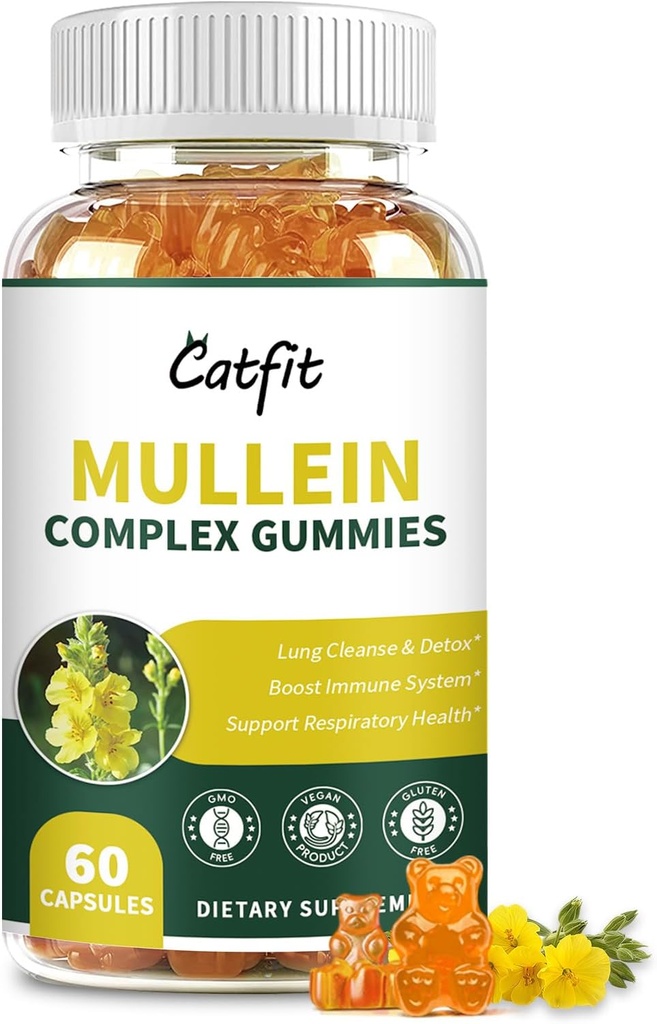 Catfit Mullein Gummies for Lungs – Mullein Leaf Extract med Quercetin, Elderberry for respirasjon og immunstøtte,Lung Helse og puste, Vegan, Pineapple Flavor, 60 Gummies