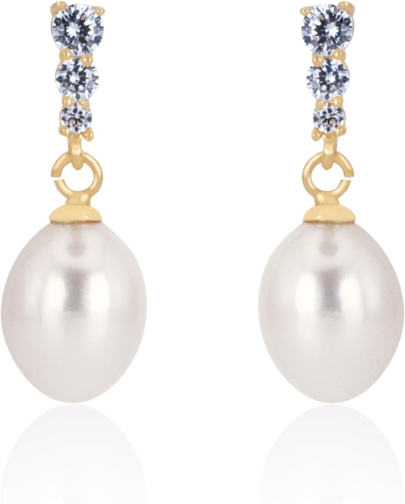 18K Gullbelagt Sterling Sølv Dunge Hvit Drop Håndplukket Kvalitet Freshwater Kulturert Perle Bryllup Øreringer med Cubic Zirconia Crystals Perle Bridal øredobber Smykker for Brides