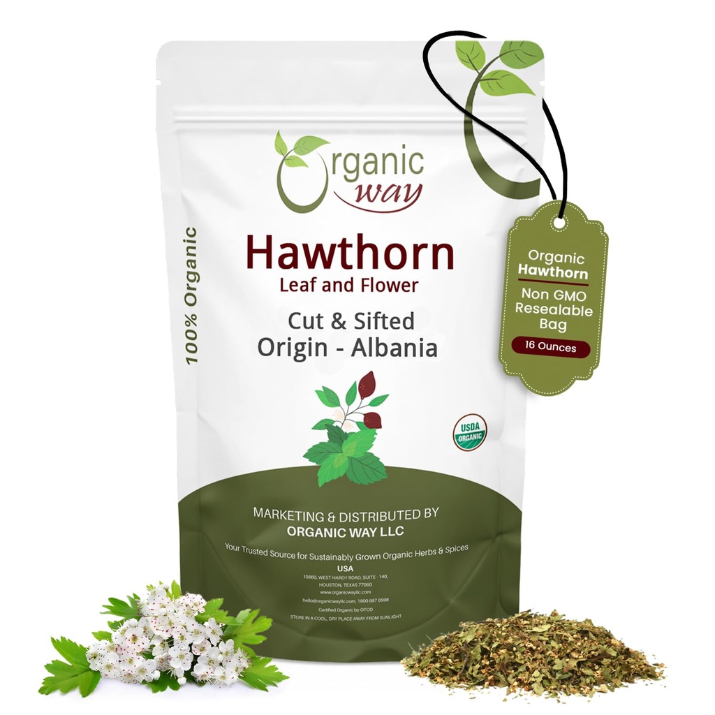 Organic Way Hawthorn Leaf and Flower Cut & Sifted (Crataegus monogyna) - Herbal Tea | Europeisk Wild-Harvest | USDA & Kosher Certified | Ikke GMO & Glutenfri | Opprinnelse - Albania (16 Oz)