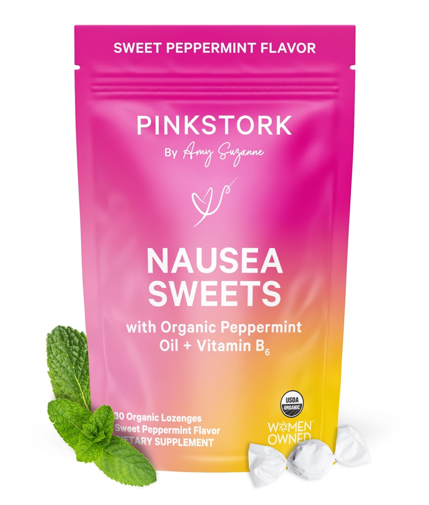 Pink Stork Organic Peppermint Søt for morgensykhet og bevegelsessyke støtte, lagt til vitamin B6, 1. trimester graviditet må ha - 30 omringet peppermint candies