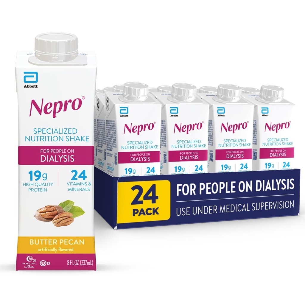 Nepro ernæringshake for personer på dialyse, 19g protein, 420 kalorier, smørpekan, 8 floz, pakke med 24