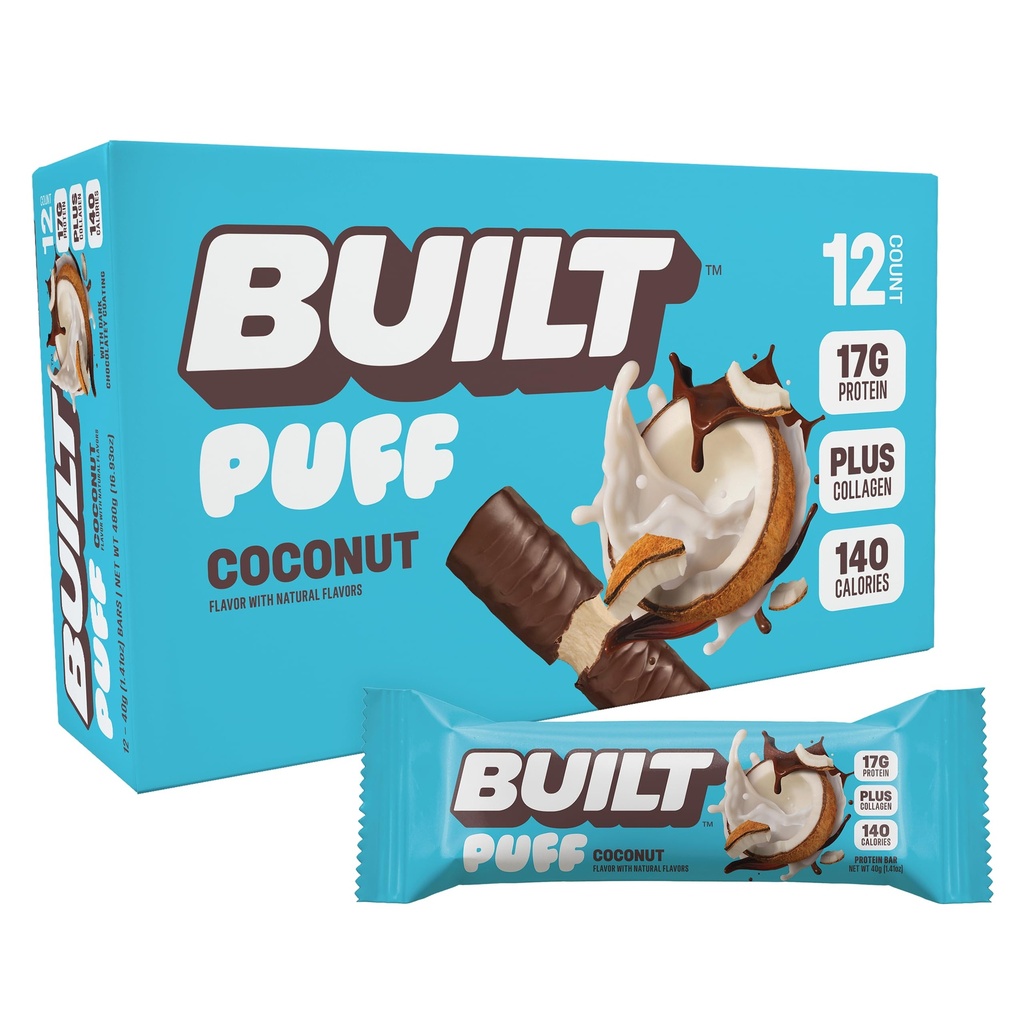 Bygget Bar, Puff Protein Bars, Kokos Puff, 17g Protein Snacks, On-The-Go Bars, Bare 140 kalorier, 6g Sukker, kollagen, Glutenfri, 12 greve
