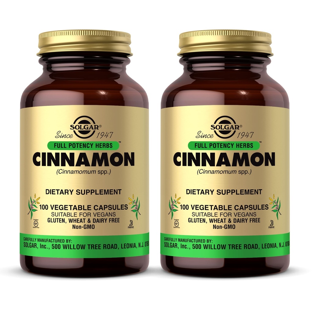 Solgar Cinnamon - 100 Grønnsaker Kapsler, Pakke med 2 - Full Styrke (FP) - Ikke-GMO, Vegan, Glutenfri, Dairy Free, Kosher - 200 Total Services