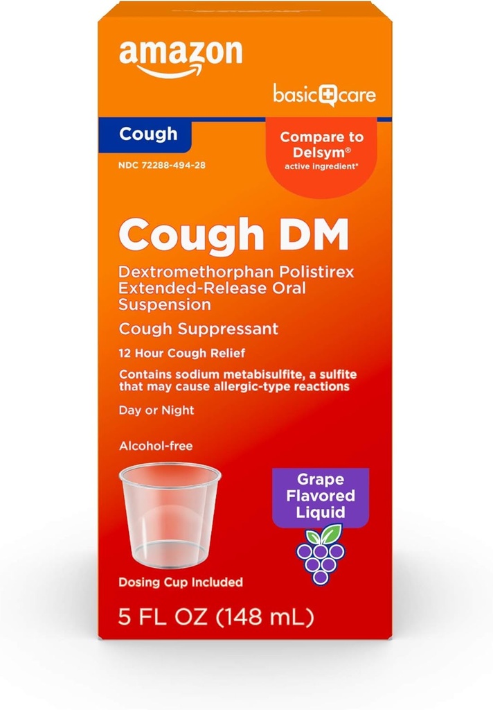 Basic Care 12 timers Cough DM Syrup, Extended-Dextromethorphan, Grape Flavor flytende medisin, 5 fl oz (Pack of 1)