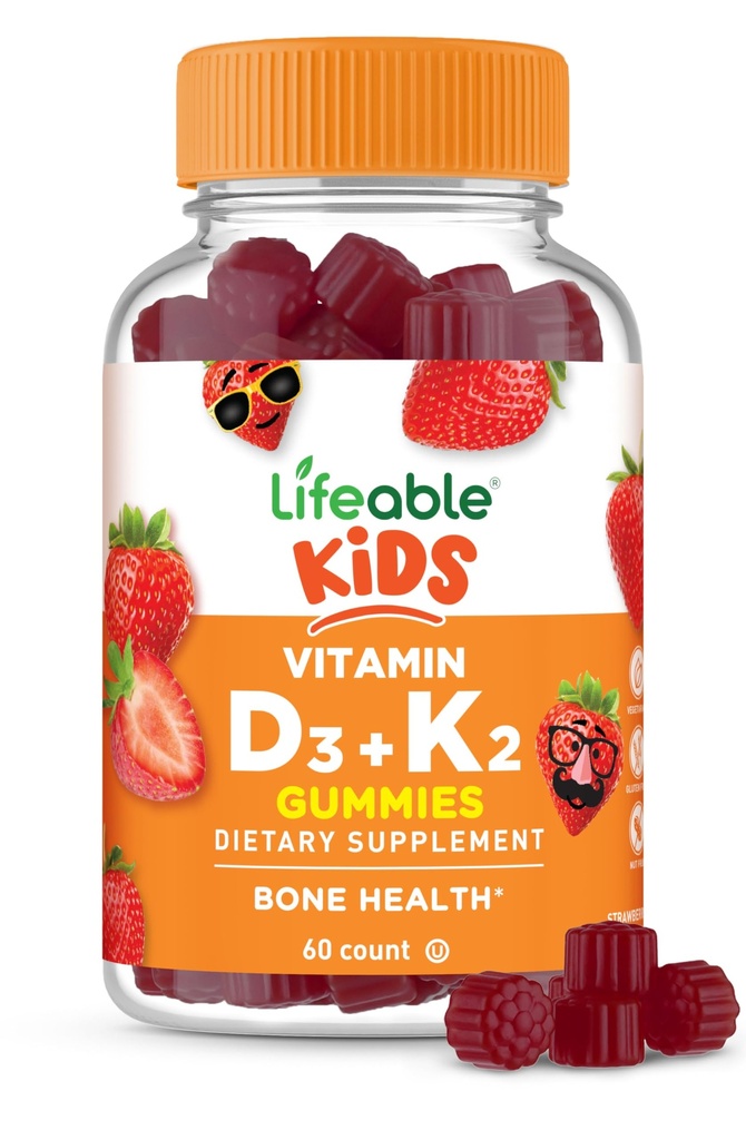 Livbare barn Vitamin D3 K2 Gummies | 1000iu D3 og K2 100mcg | Great Tasting D3 og K2 Kosttilskudd | for bein helse og immunitet | VIT D3 K2 for barn | 60 Gummies