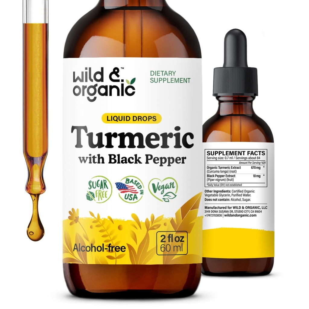 Wild & Organic Turmeric Supplement flytende - Felles støtte - Turmeric Curcumin med svart pepper ekstrakt - Curcumin Root Drops - Vegan, Sukker og alkoholfri tinktur - 2 fl oz