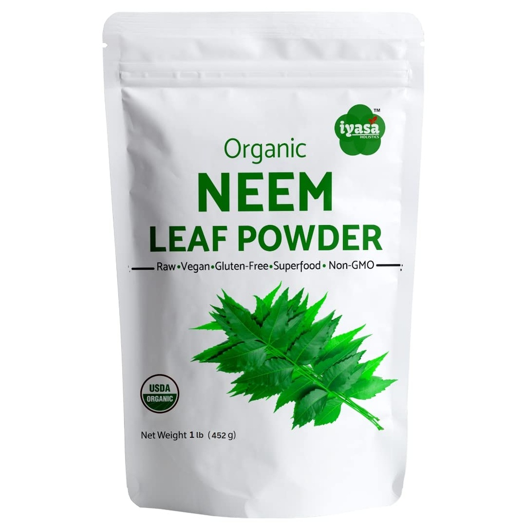 Iyasa Holistics Organisk Neem pulver Ayurveda urt og superfood, støtter blod og lever renselse, fremmer sunn hår og ren hud, forseglbar pose på 16 oz/ 453g