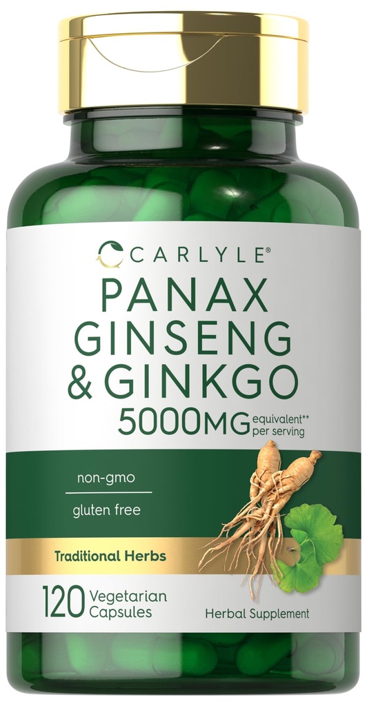 Carlyle Panax Ginseng & Ginkgo 5000mg | 120 vegetariske kapsler | Ikke-GMO & Glutenfri Supplement