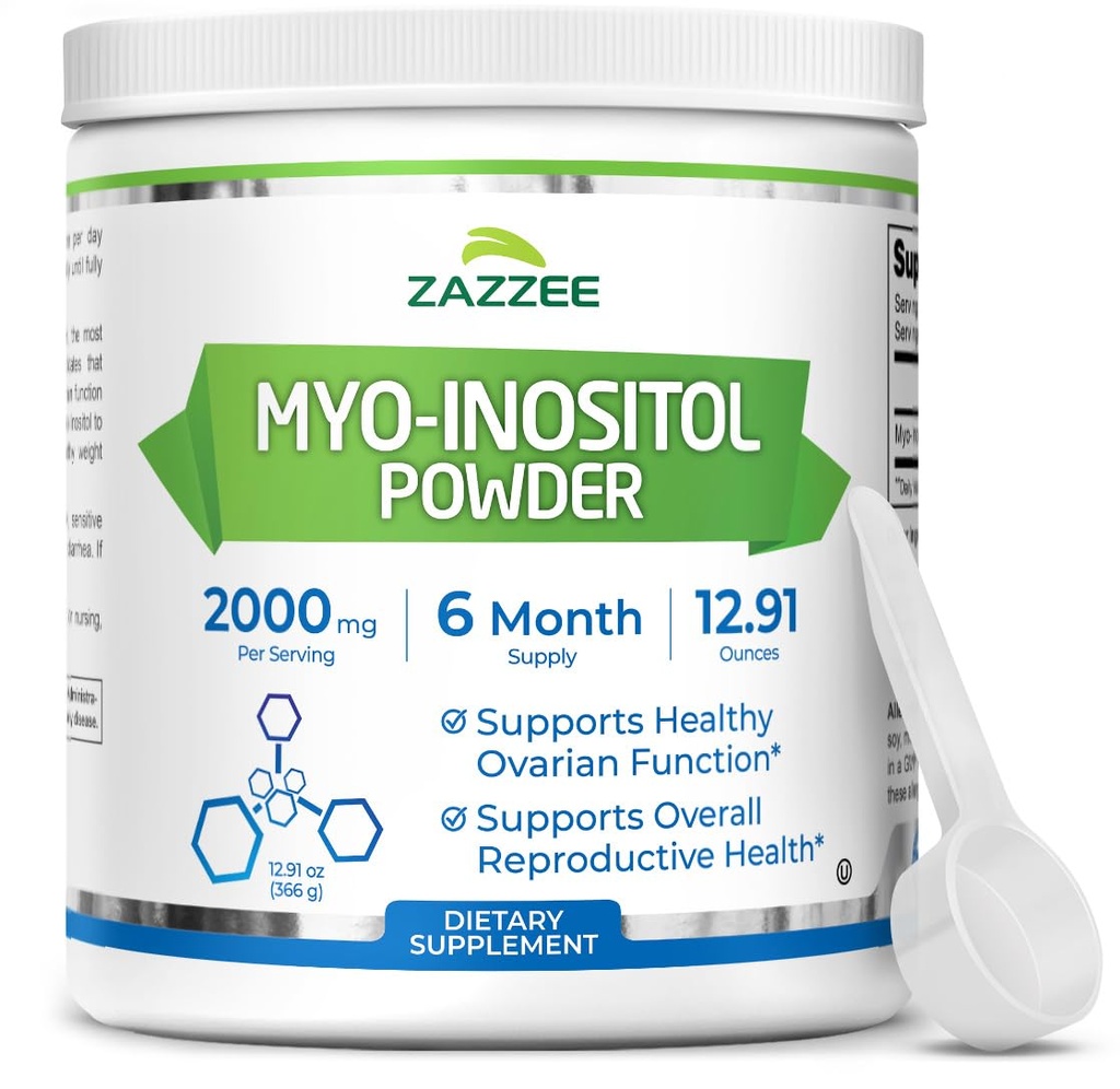 Zazzee Myo-Inositol pulver, 6 måneders forsyning, 183 serveringer, 2000 mg per servering, gratis Scoop for eksakt dosering, 12,91 ounces, 100% ren, all-naturlig fertilitet og reproduktiv støtte, vegansk, ikke-GMO