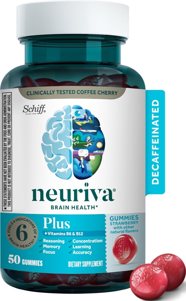 NEURIVA Plus Brain Supplement for hukommelse, fokus og konsentrasjon + Kognitiv funksjon med vitaminer B6 & B12 og klinisk testet nootropics fosfatydyderin og nevrofaktor, 50ct Strawberry Gummies