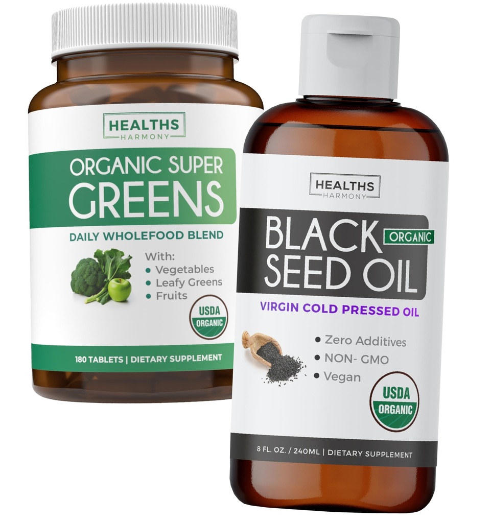 Super Greens & Black Seed Oil (3-måneders forsyning) Herbal olje blanding bunke av organisk Super Greends pulver - komplett supermat (180 kapsler) og organisk svart frø olje væske - kaldt presset (8 fl oz)