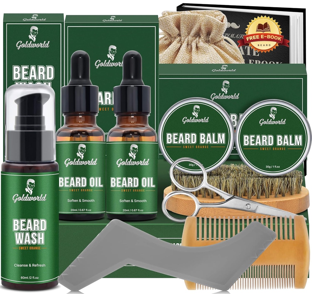 Beard Kit, Beard Grooming Kit w/2 Pack Beard Oil & 2 Pack Beard Balm, Christmas Strømpe Stuffers Gaver for menn Hans Ektemann Pappa Kjæreste,Bring Kit w/Beard Vask Comb Brush