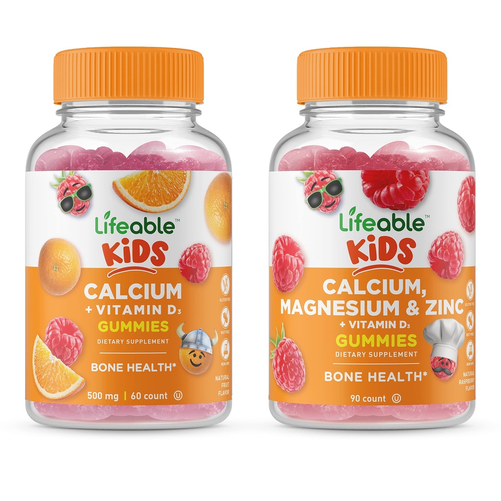 Livbart kalsium med vitamin D Kids + kalsium Magnesium & sink Kids, gummier Bundle - Great Tasting, vitamin Supplement, Glutenfri, GMO Gratis, Chewable Gummy