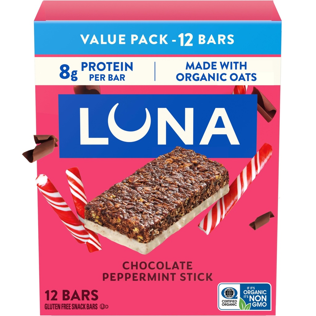 LUNA Bar - Sjokolade Peppermynte Stick Flavor - Snack Barer - Ikke-GMO - Glutenfri Protein Barer - laget med organisk havre (12 Pakke)