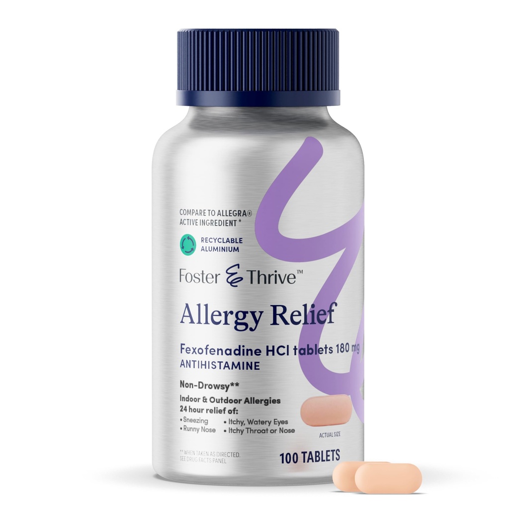 Foster & Thrive Fexofenadin HCl Non Drowsy Allergy Relief for Hay Fever, Pollen, kløende øyne, og sesongallergier, effektiv støtte for barn og voksne, 180 mg, 100 tabletter