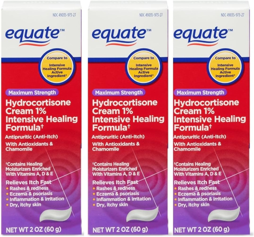 Ekvivalent Hydrokortison Intense Healing Cream, 2 oz, 1 prosent Intensiv Healing Formula, Itch Relief for Bug Bites, Eczema, Psoriasis, Poison Ivy, Oak og Sumac, 2 Ounce (Pack of 3)